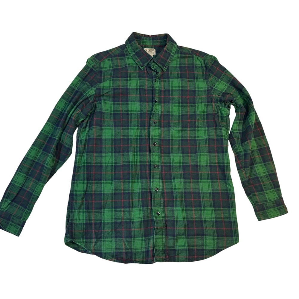 L.L. Bean Scotch Plaid Green Flannel Button Up Traditional Fit Mens Large Tall